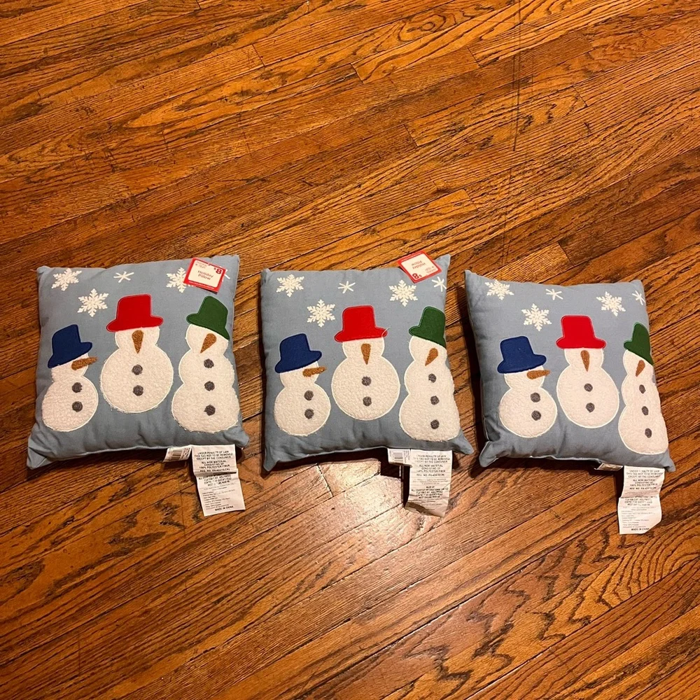 Holiday Snowman Pillow Trio with Blue and Red Accents